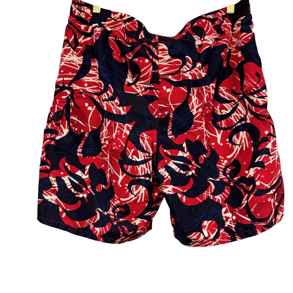 Speedo Mens Swim Trunks Red Navy White Abstract Floral Mesh Lined Board Shorts M